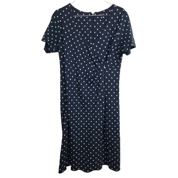 Lands End Womens Faux Wrap Dress Size 12P Blue Polka Dot Stretch Short Sleeve - Picture 1 of 6